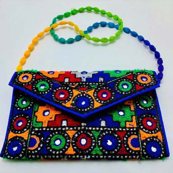 Handmade Multicolor Cross Bag, Ethnic Tribal Bag With Thread Work and Mirrors - Picture 2 of 8